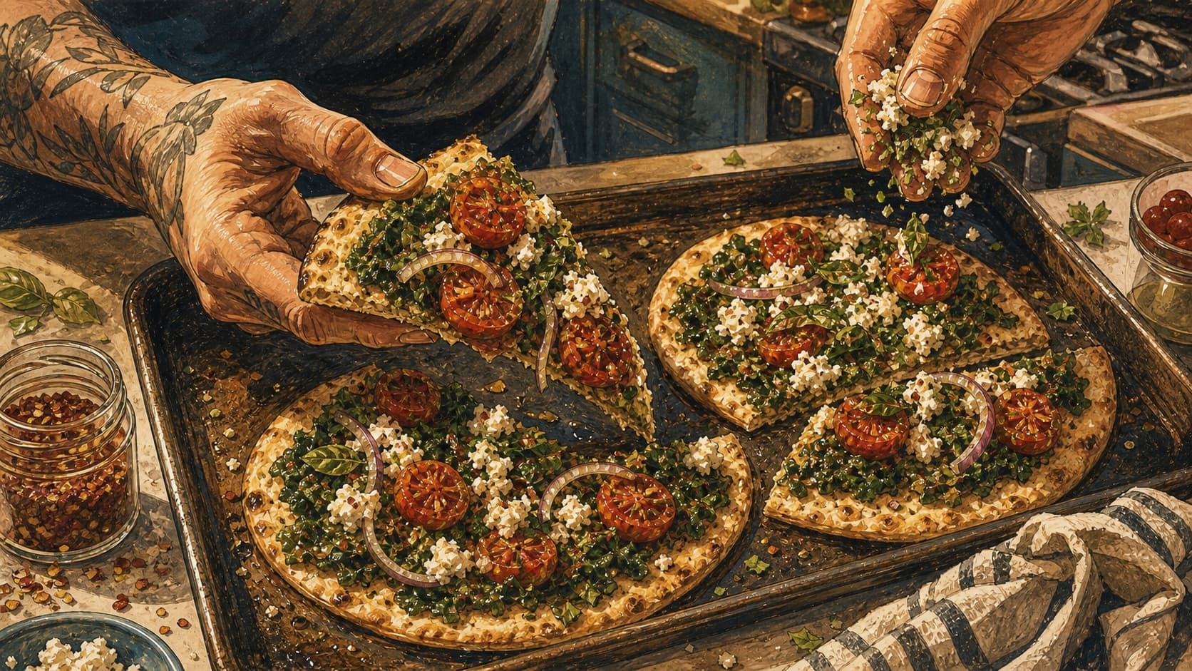 Crispy pita pizzas — Spinach, feta, red onion and roasted tomatoes. Big flavour in 15 minutes.